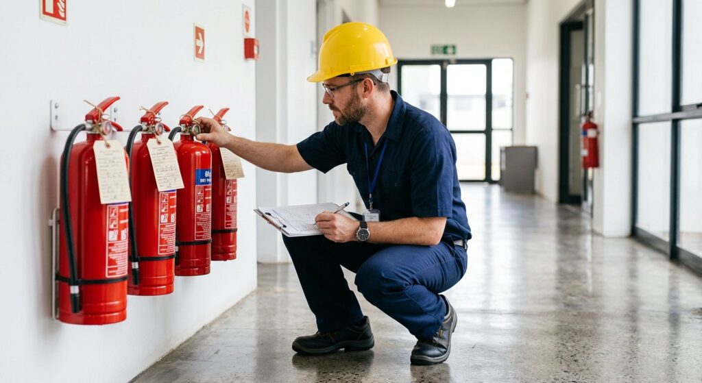 Engineer servicing a row of red fire extinguishers
