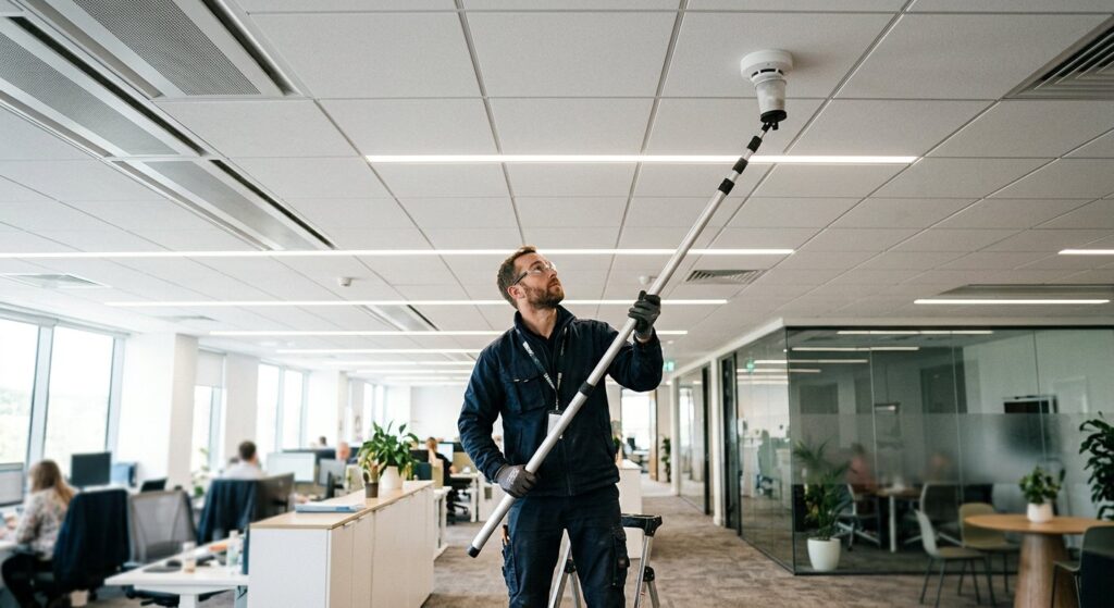 Engineer testing a ceiling smoke detector with a test pole